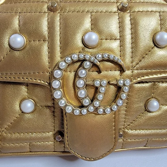 GUCCI GG Marmont Pearl Studs Quilted Crossbody/Shoulder Bag